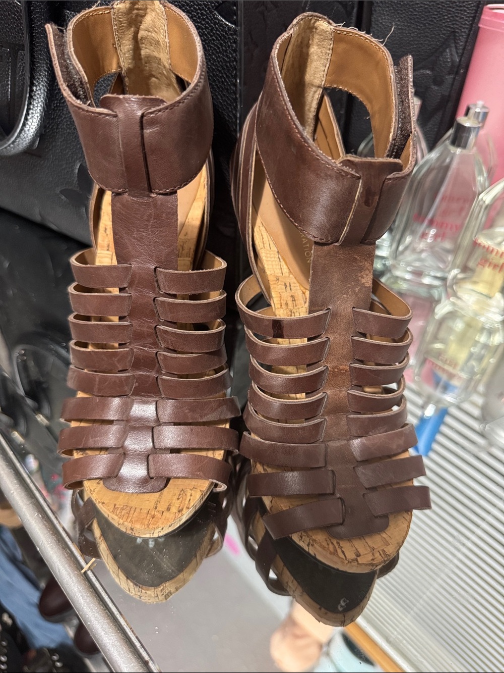 BCBGeneration Brown Strappy Cork Wedge Sandals